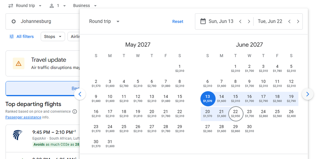 Business Class from South Africa to Frankfurt