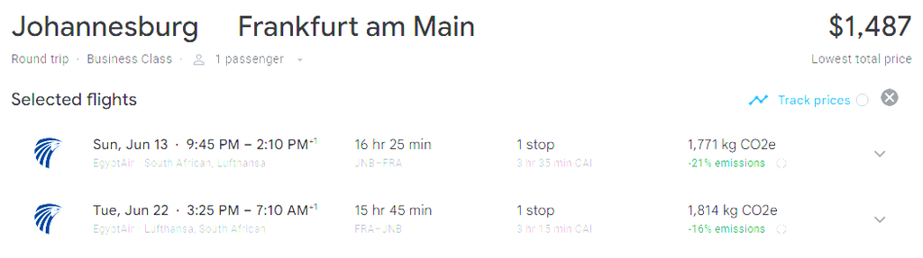 Business Class from South Africa to Frankfurt