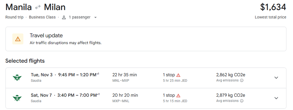 Business Class from Manila to Milan