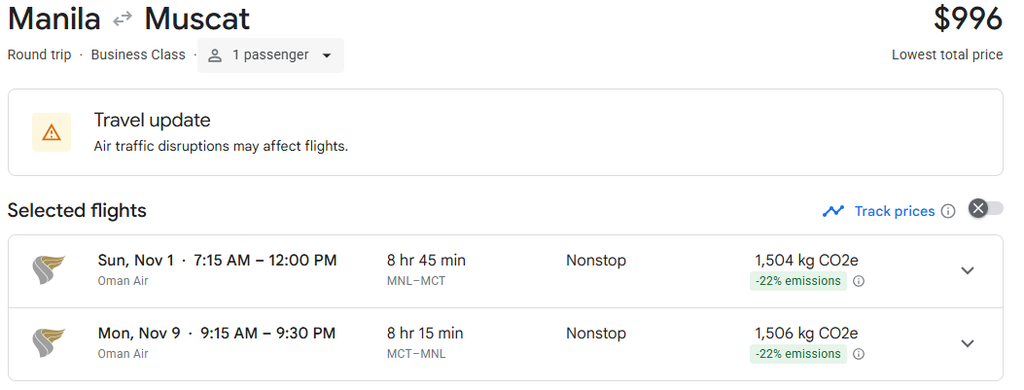 Business Class from Manila to Oman