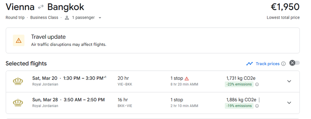 Business Class Suite from Vienna to Bangkok